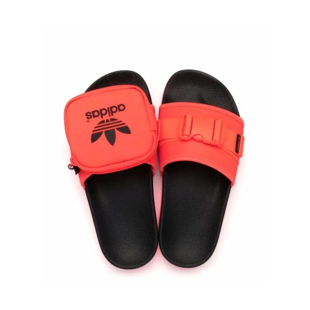 Adidas Pouchylette Flat Slides Solar Orange Black‎ Zip Pouch Sandals GW0390 Mens